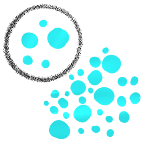  A black circle with 5 teal dots in it, and many more outside of it.